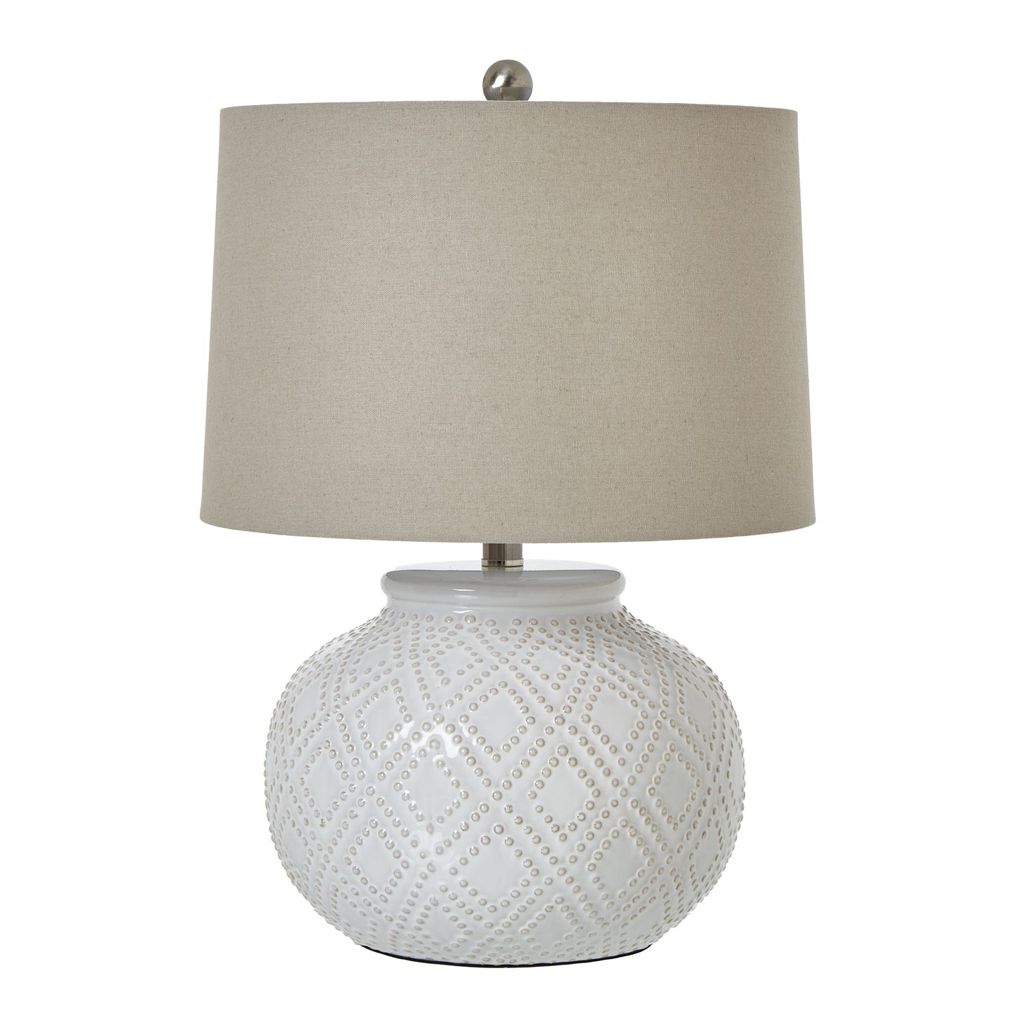 Squat White Beaded Ceramic Lamp With Linen Shade - image 2