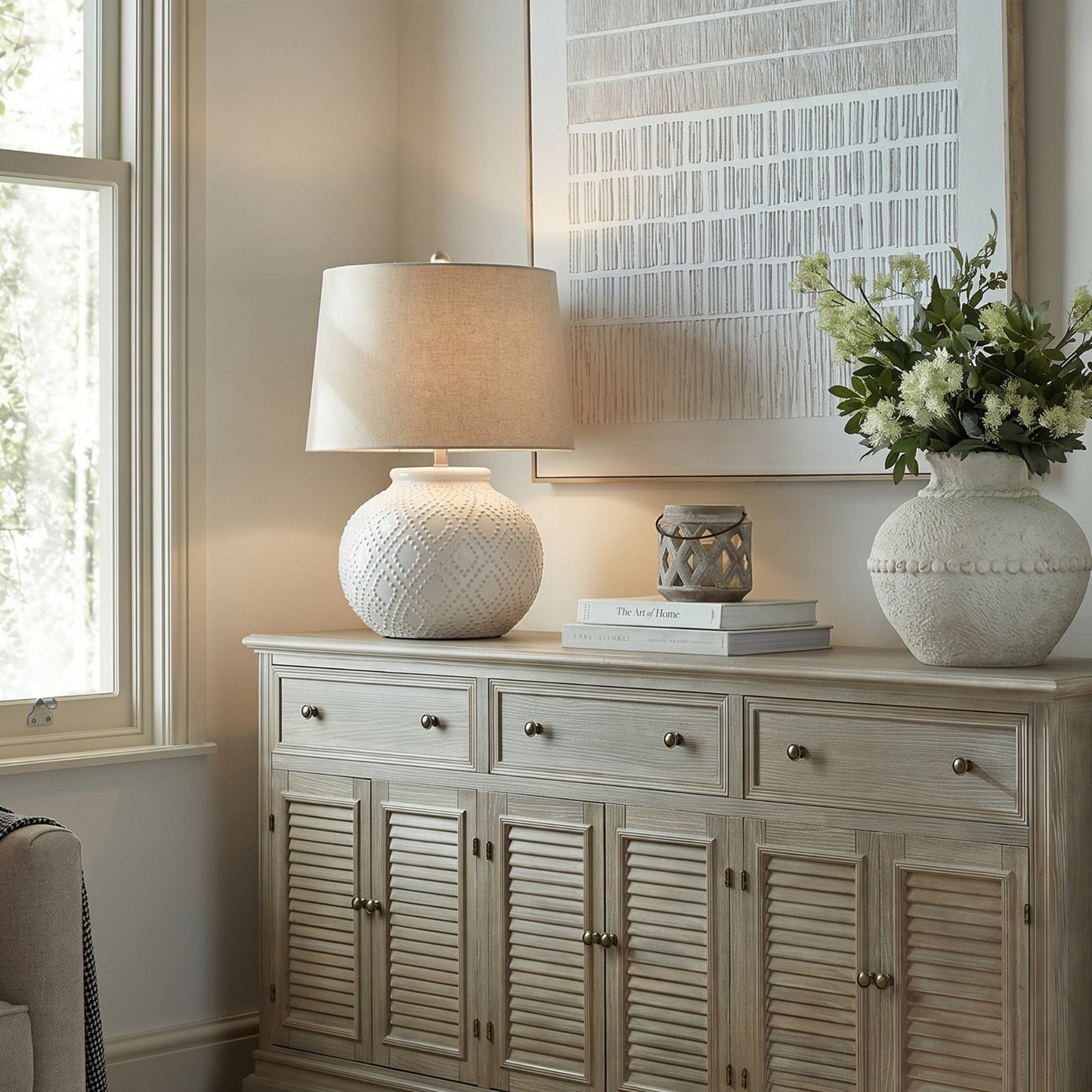 Squat White Beaded Ceramic Lamp With Linen Shade - image 3