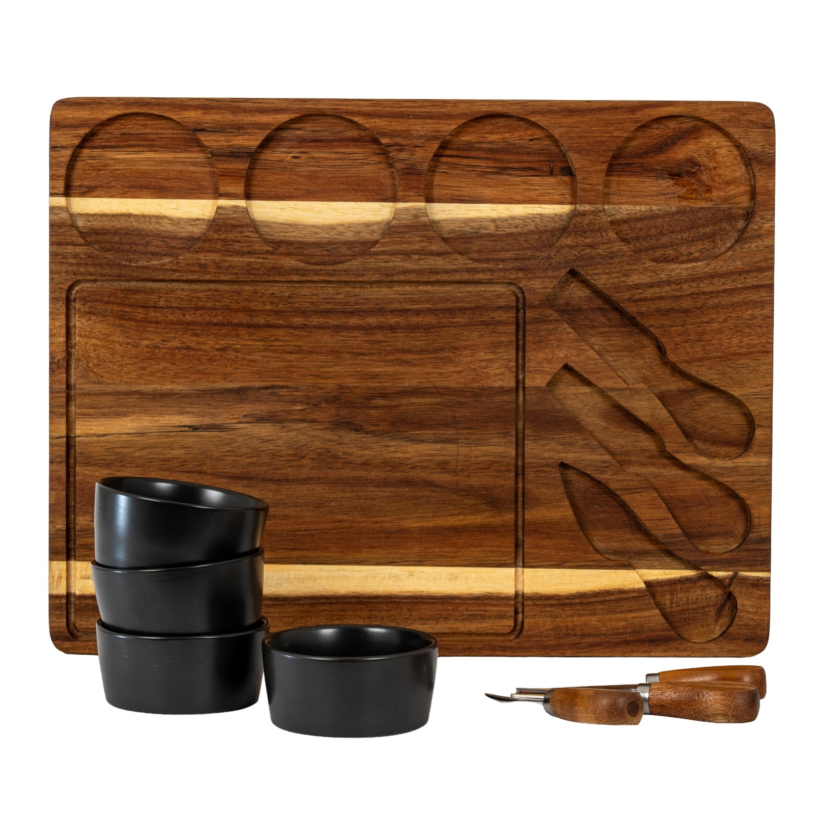 Acacia Cheese Board Set With Grey Ceramic Bowls and Cutlery - image 3